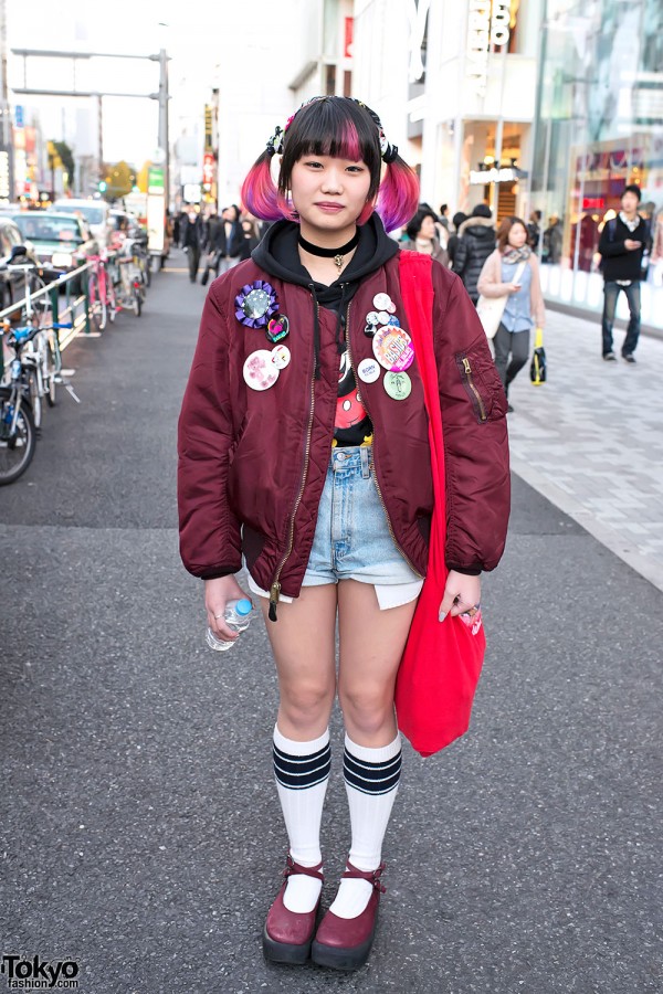 Pink Twintails, Bomber, Tokyo Bopper & “Born To Talk” Pin in Harajuku