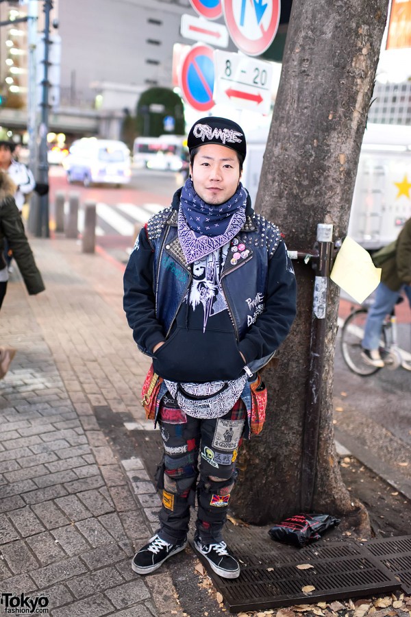 Old School Punk w/ Grimple Cap & DIY Studded Vest in Shibuya