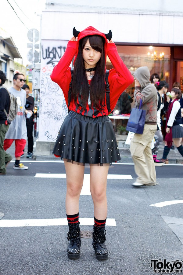 HELLCATPUNKS Horned Hoodie, Studded Skirt & Glavil in Harajuku
