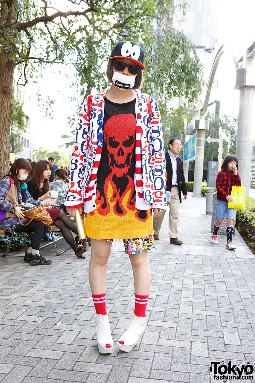 Flaming Skull Sweater, Joyrich Jacket & Mickey Mouse Shorts in Shinjuku