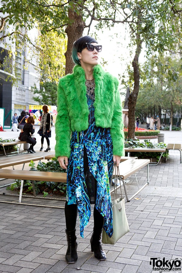 Striking Tokyo Guy w/ Green Faux-Fur, Dog, Prada & Handmade Items