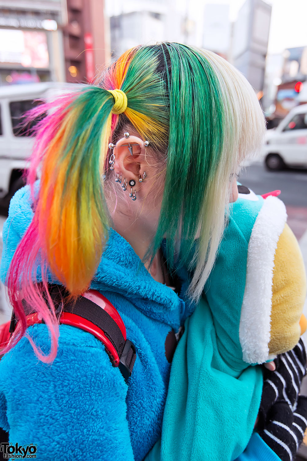 Rainbow Hair, Tongue Piercings, Yellow Boots & Plush Chick in Harajuku