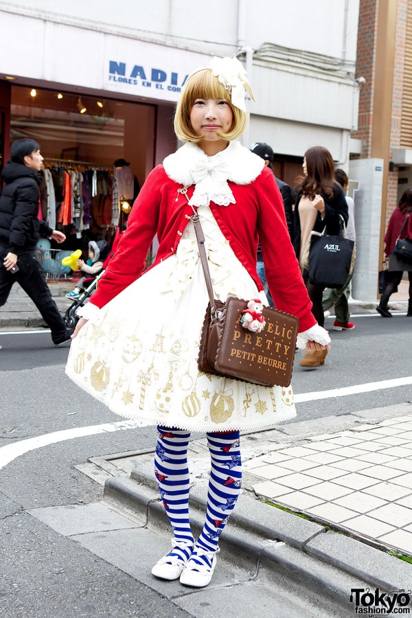 Angelic Pretty Dress, Cardigan, Tights & Cute Bag in Harajuku