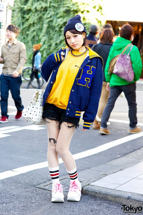 J-Pop Singer in Letterman Jacket, Cat Tights & Pin Nap Platform Sneakers