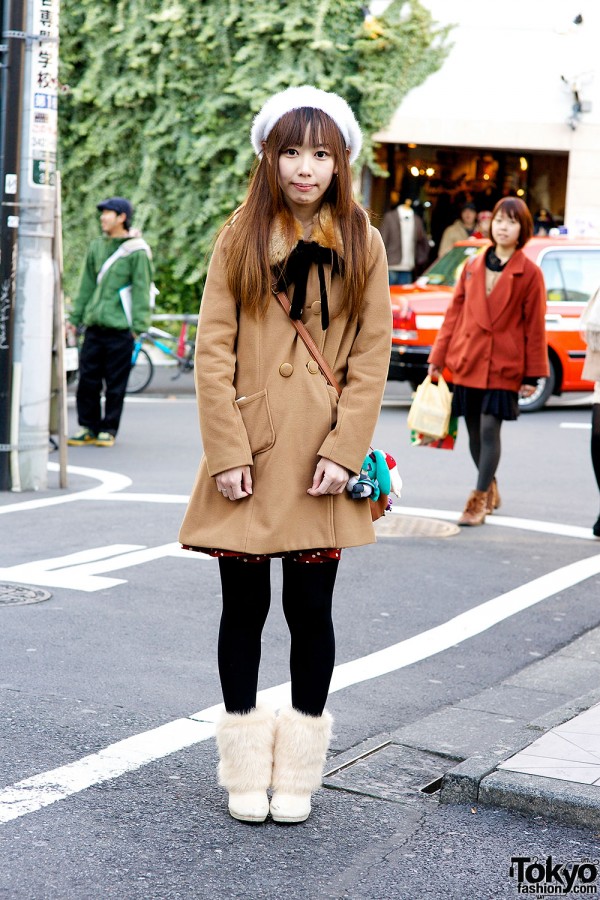 Camel Coat, Faux Fur Boots & Fuzzy Beret in Harajuku