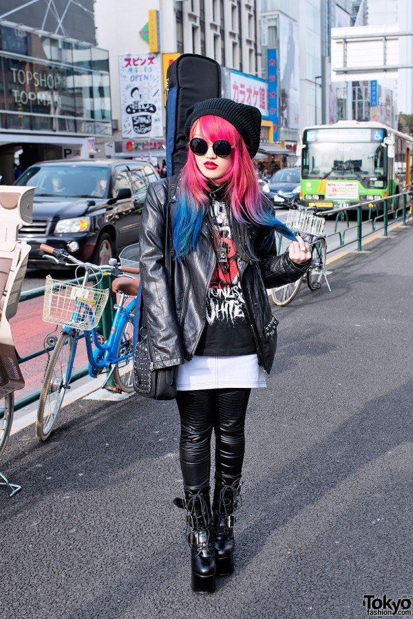 Guitar-toting Harajuku girl w/ Dip Dye Hair, Lots of Leather & Hello Kitty