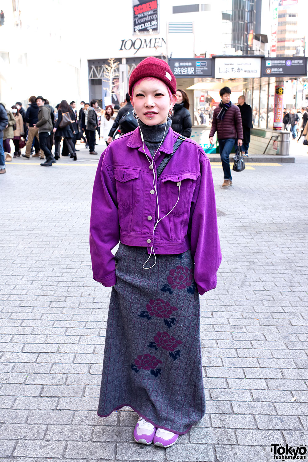 Pink Hair, Purple Denim Jacket & Piercings in Shibuya