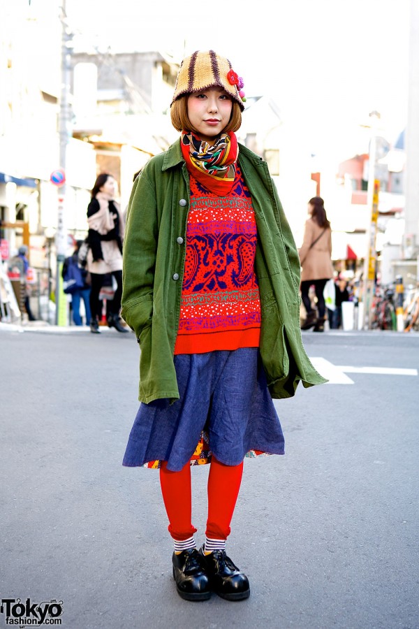 Colorful Harajuku Resale Outfit w/ Knit Cap, Parka, Denim & Red Leggings
