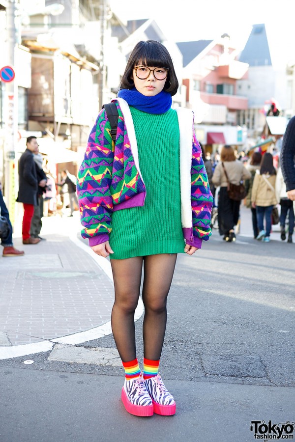 Harajuku Girl in Glasses, Colorful Fashion & Neon Zebra Creepers