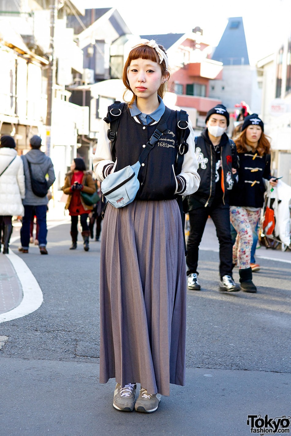 Pleated Maxi Skirt, Varsity Jacket & Retro Sneakers in Harajuku – Tokyo ...