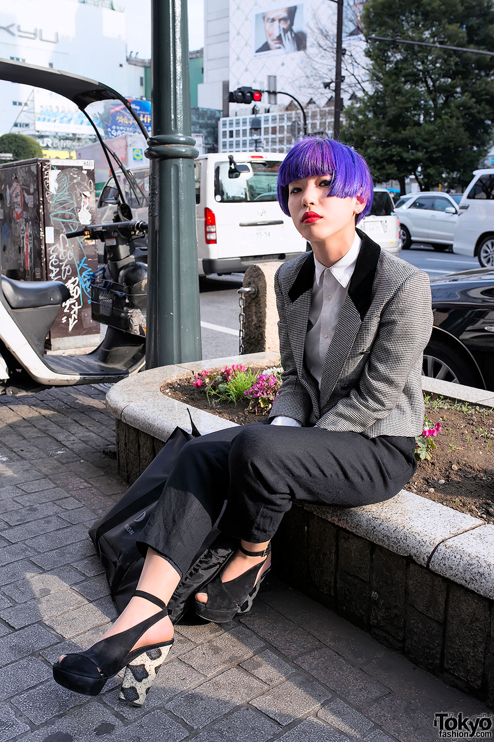 Purple Bob Hairstyle, Red Lipstick & Dior Platform Heels in Shibuya