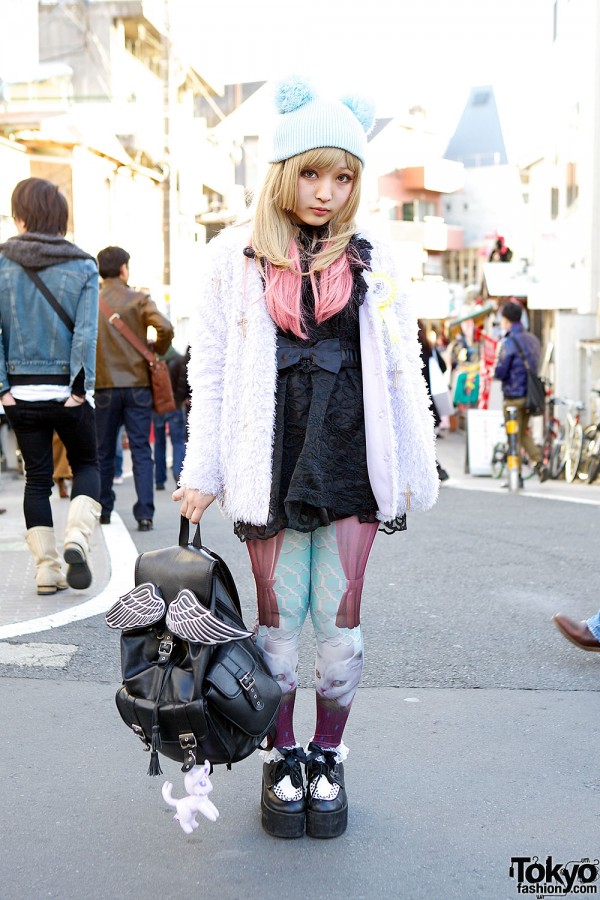 Colorful Cat Tights, Lost Mannequin Winged Backpack & One Spo Coat in Harajuku
