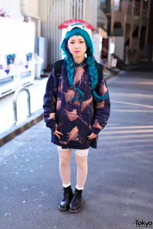 Bleached Hoodie, Aqua Braids, Thigh Highs & Dr. Martens in Harajuku ...