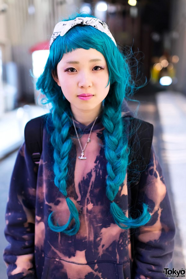 Aqua Braids Hairstyle in Harajuku