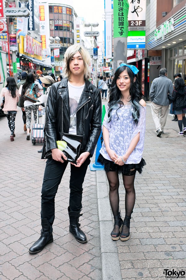 Leather Jacket, Skulls Top, Espadrilles & Apple Clutch in Shibuya