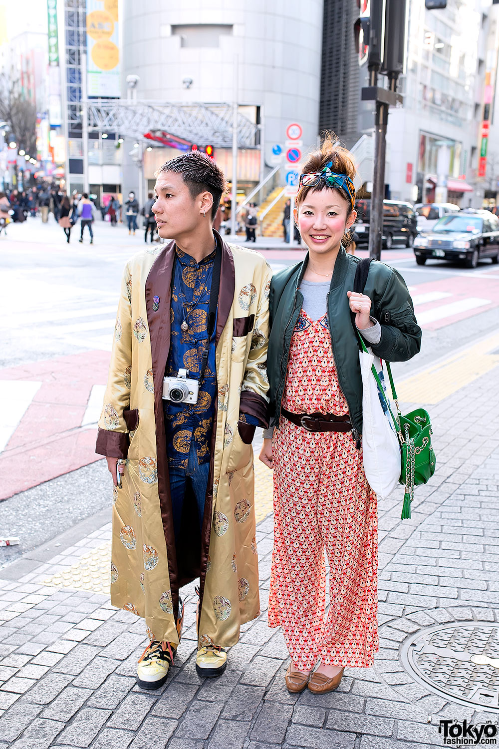 Silk Robe, Jumpsuit, Jeremy Scott Flame Shoes & Bomber in Shibuya