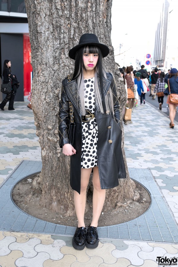 Long Studded Leather Jacket, Chanel Bag & Creepers in Harajuku