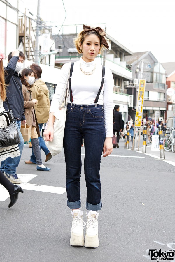 Short Hairstyle w/ Tall Buffalo Platforms & Suspenders in Harajuku