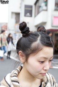 Twin Buns w/ Woven Coat, UNIQLO Sweater & Genten Firenze Tote in