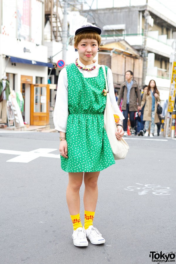 Green Floral Dress w/ Flower Earrings, Jack Purcell Converse & ET in Harajuku