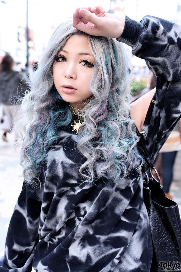 Silver Hair With Pink-Blue Streaks