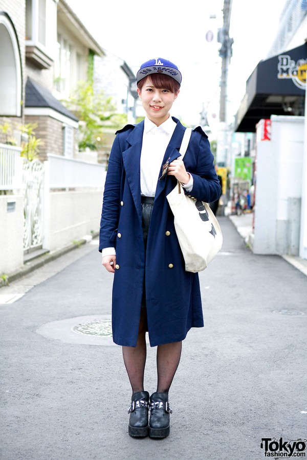 LA Cap w/ Navy Coat, Leather Skirt & Bejeweled Booties in Harajuku