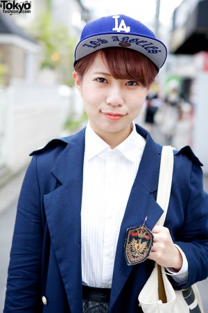 LA Cap w/ Navy Coat, Leather Skirt & Bejeweled Booties in Harajuku