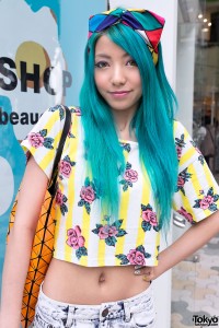 Aqua Hair & Rose-print Crop Top