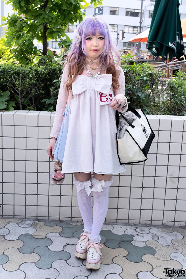 Kawaii Cerise Bow Dress, Lavender Hair & Over-the-Knee Socks in Harajuku