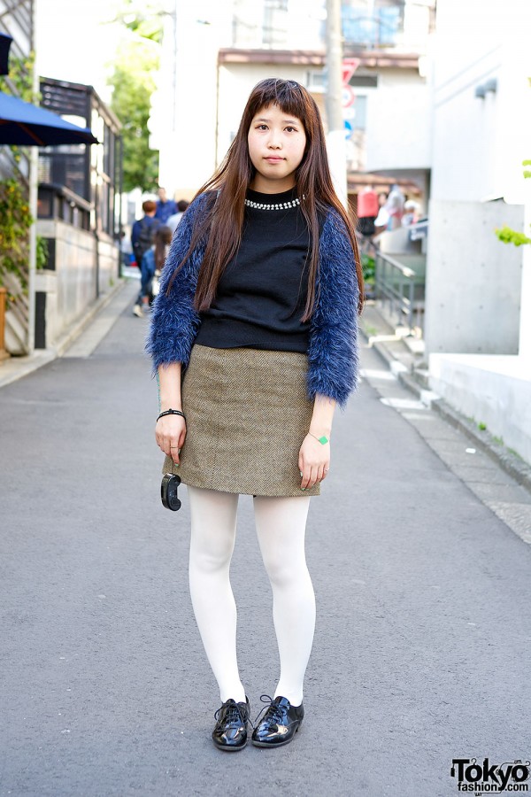 A.P.C. Skirt & Jewelry w/ Faux Fur Sleeves & American Apparel Oxfords