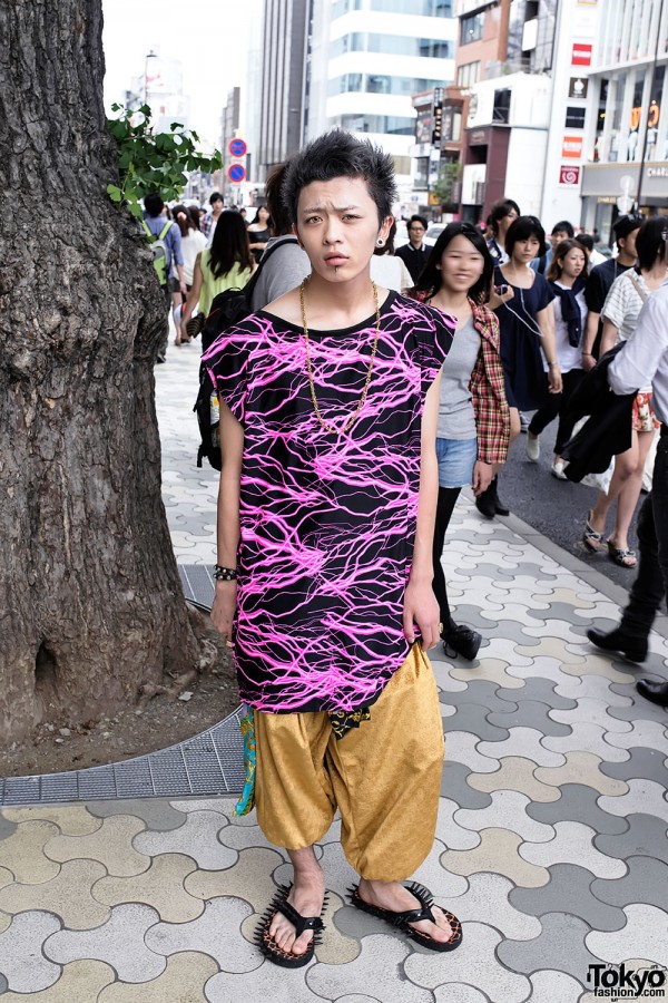 Punk-inspired Harajuku Guy w/ Electricity Print, Labret Piercing & Spikes