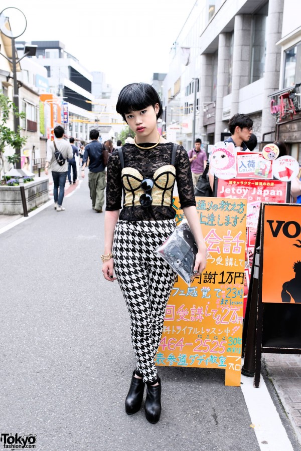 Gold Bustier, Houndstooth Pants & Clear Clutch in Harajuku