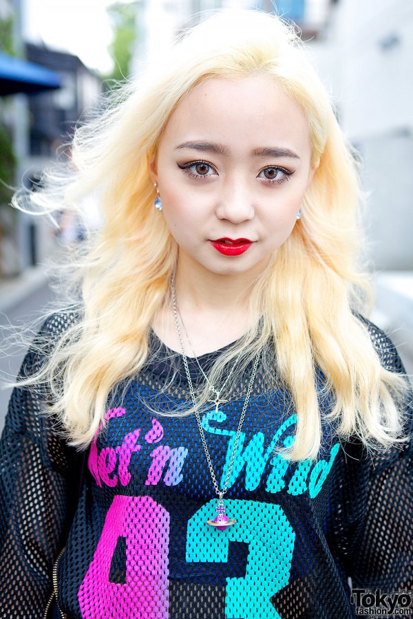Blonde Hair, Mesh Top & Red Lipstick