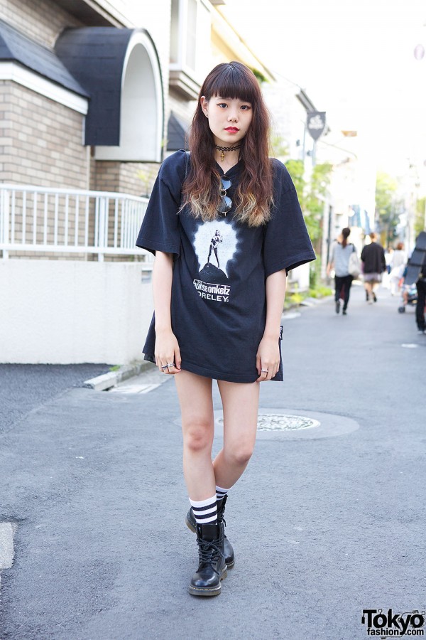Oversized Band T-shirt w/ Dr. Martens, Choker & Studded Rings in Harajuku