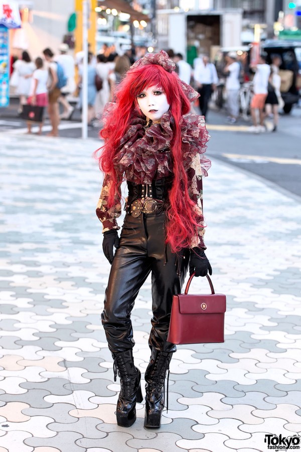 Shironuri Minori w/ Long Red Hair, Corset & Platform Boots in Harajuku