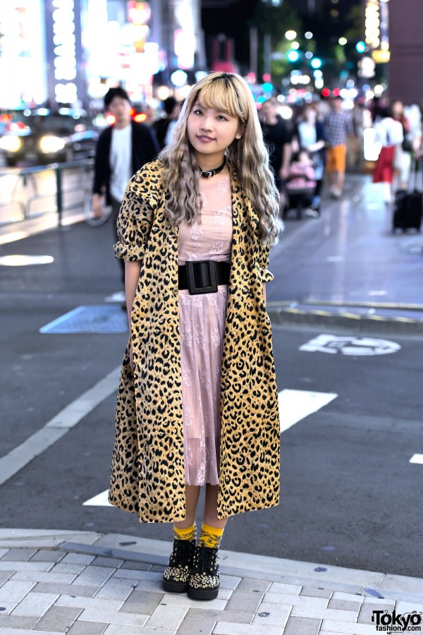 Blonde Harajuku Girl w/ Long Leopard Coat & Nincompoop Capacity Bag