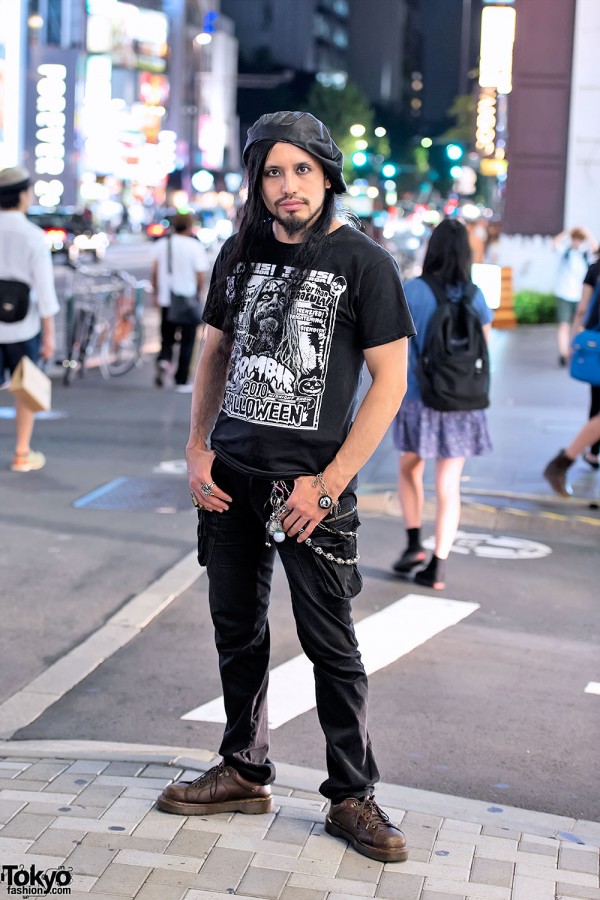 Japanese DJ w/ Rob Zombie T-Shirt, Long Hair, Beret & Silver Jewelry