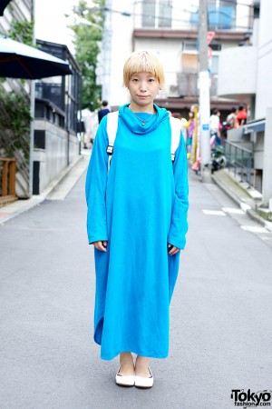 Short Blonde Hairstyle w/ Oversized Blue Dress, Muji Backpack & Ballet ...