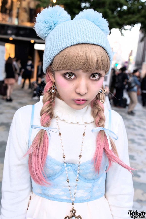 Pompom Beanie & Pink Hair in Harajuku