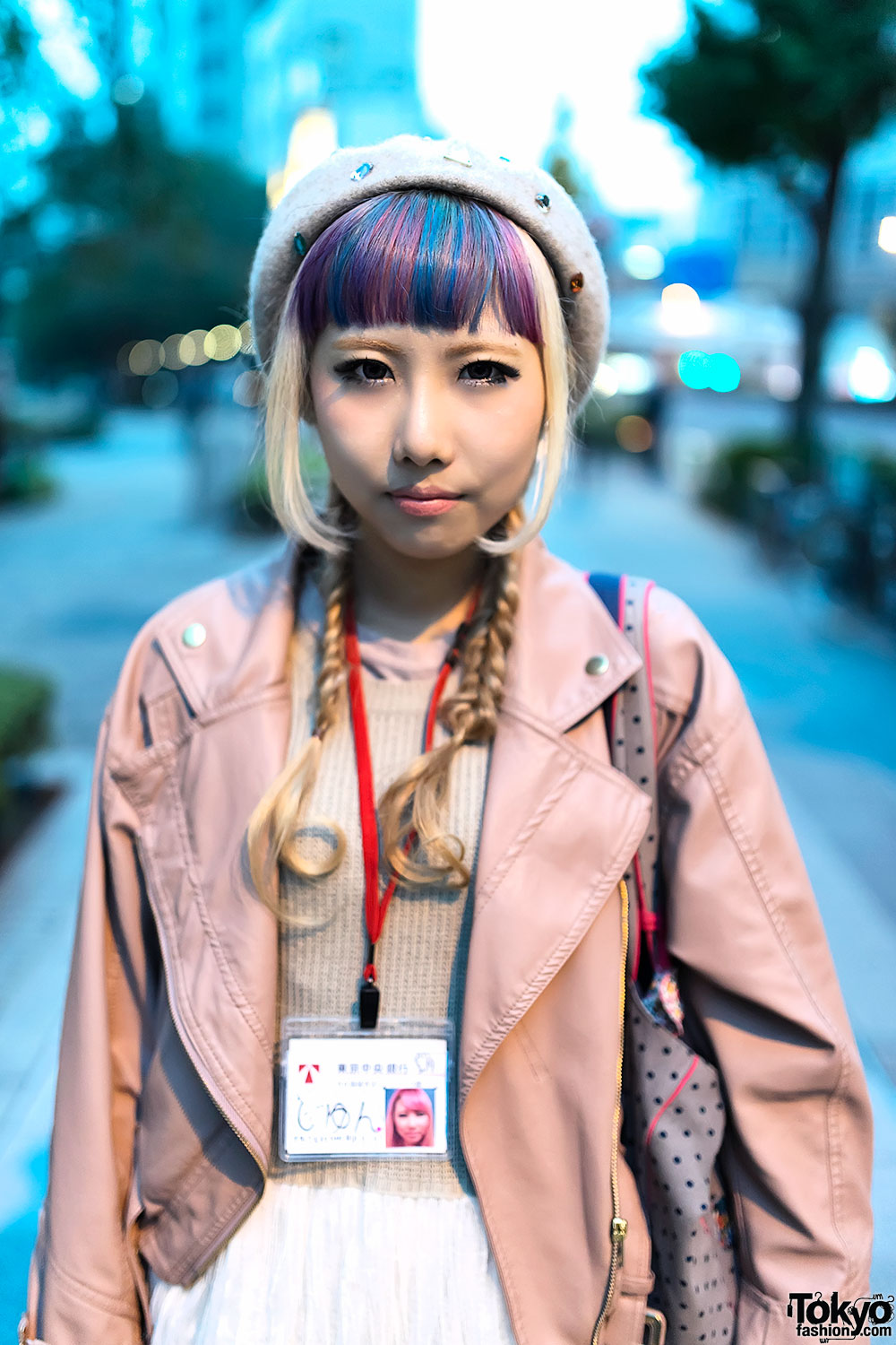Colorful Bangs Hairstyle, Leather Jacket, Sheer Skirt & Button Bag ...