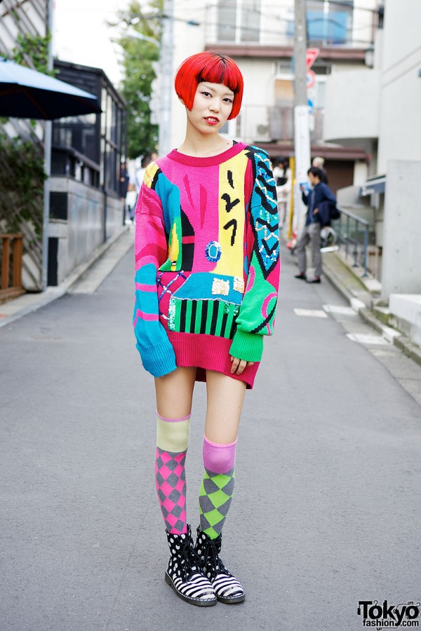 Circus Harajuku Staffer w/ Rainbow Hair, Oversized Sweater & Colorful Socks