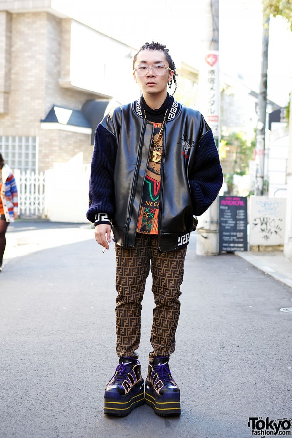 Versace Bomber Jacket, Fendi Pants & Nike Platform Sneakers in Harajuku