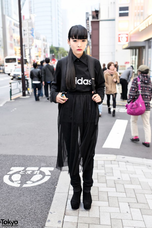 All Black Harajuku Street Style w/ Sheer Skirt & Suede Wedges