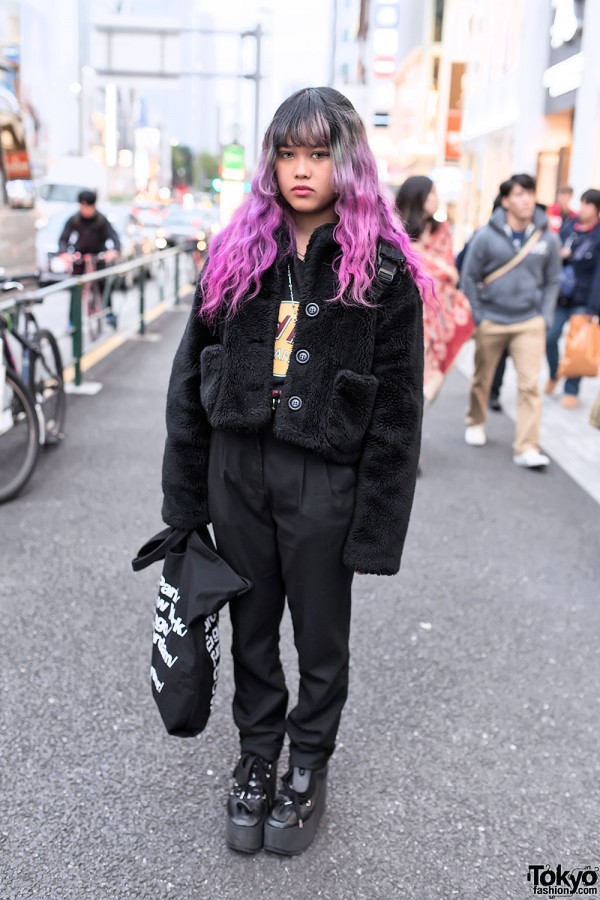 Pink Dip Dye Hair, Furry Jacket & Tokyo Bopper Platforms in Harajuku
