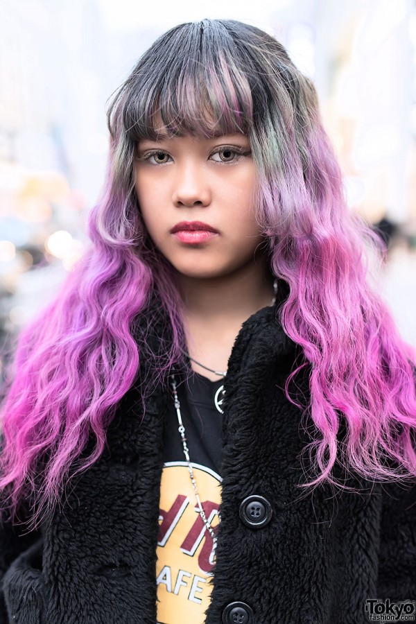 Pink Dip Dye Hair, Furry Jacket & Tokyo Bopper Platforms in Harajuku ...