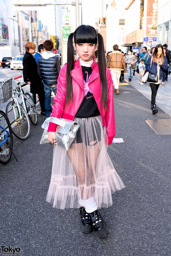 Pink Leather Jacket & Sheer Skirt