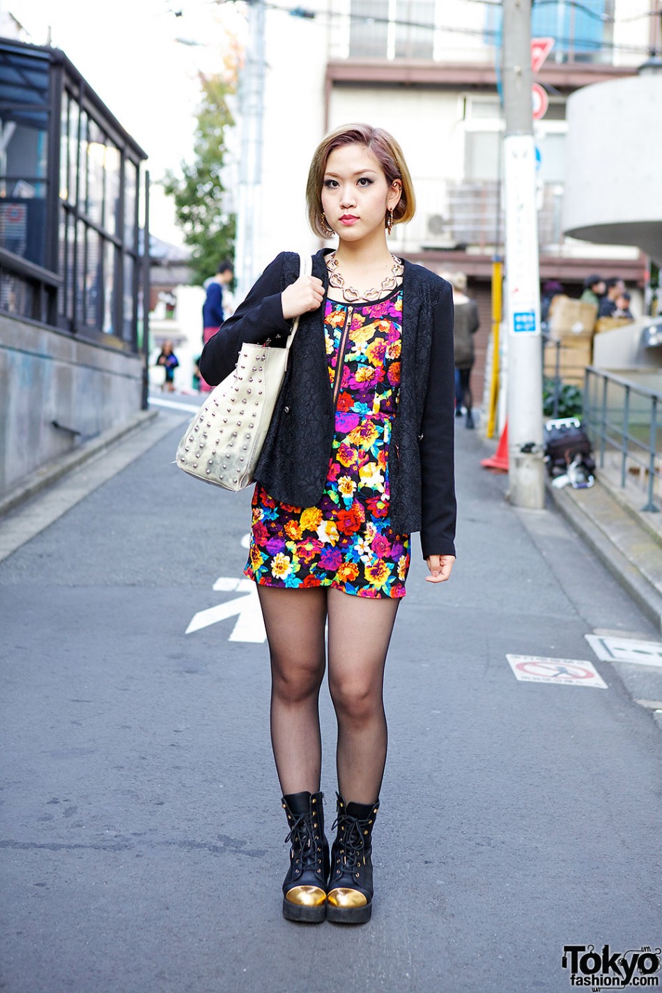 ANAP Floral Mini, Studded Bag & Gold Toe Boots in Harajuku – Tokyo Fashion