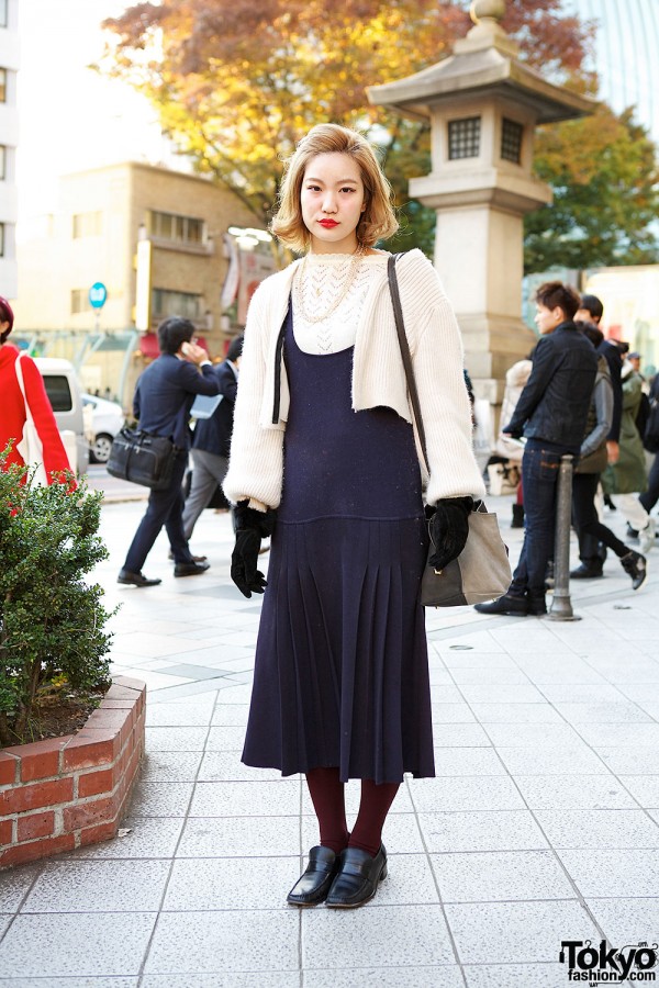 Vintage Style Dress, Cardigan, Bucket Bag & Loafers in Harajuku
