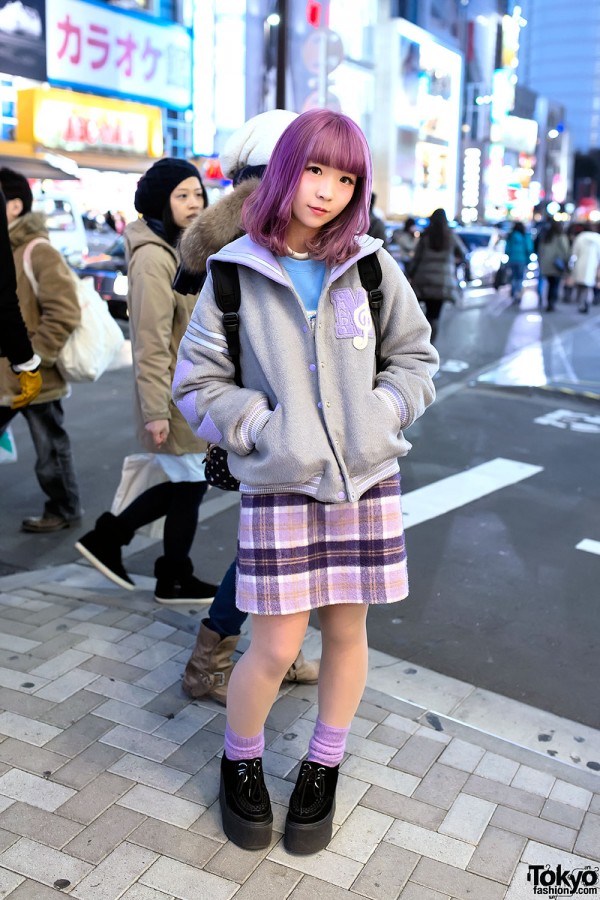 Pastel Purple Hair & Pastel Sailor Collar Varsity Jacket in Harajuku