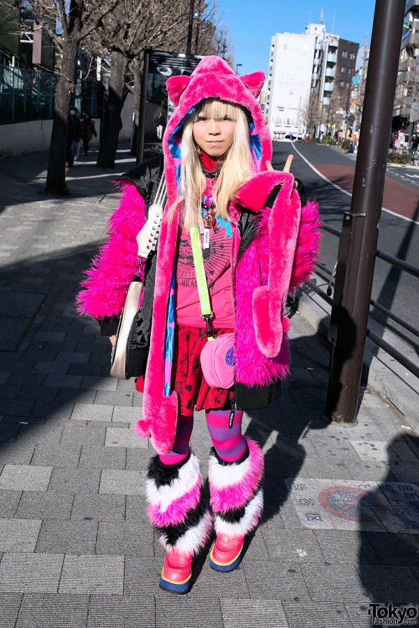 Pink Harajuku Look w/ Monster Hoodie, Furry Leg Warmers & Striped Tights